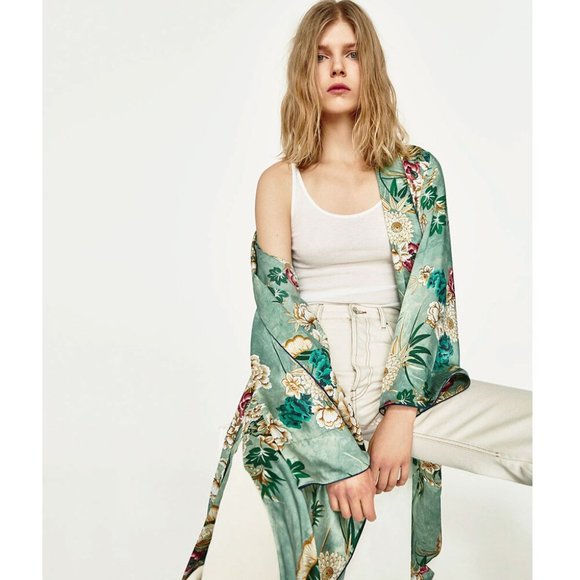 Floral Green Print Long Kimono Jacket Coat Women's - Picture 3 of 16